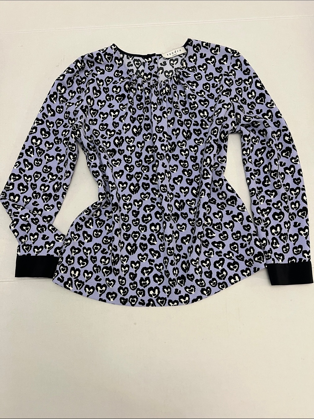 SANDRO PARIS ANIMAL PRINT LONG SLEEVE BLOUSE TEXTURED FABRIC PURPLE BLACK HEARTS